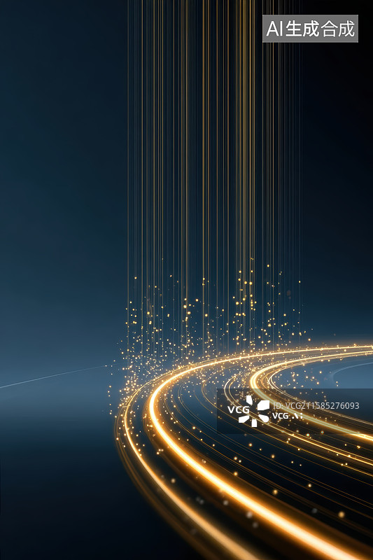 【AI数字艺术】金色发光粒子线条光轨大数据科技概念背景 (1)图片素材