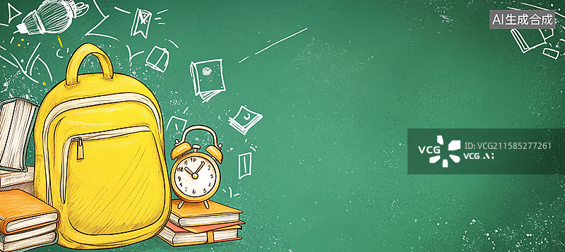 【AI数字艺术】开学季手绘场景：黄色书包、闹钟与书本置于绿黑板，呈现校园学习文具背景画面图片素材