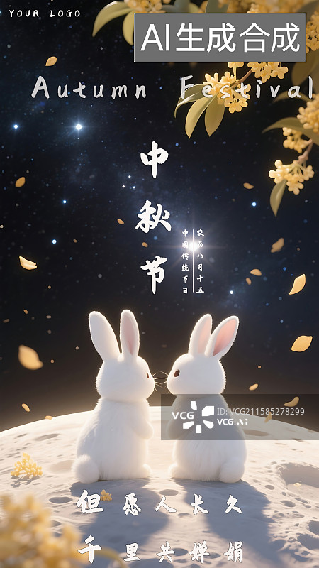 【AI数字艺术】3D渲染中秋节海报兔子月亮月球月饼灯笼节日海报图片素材