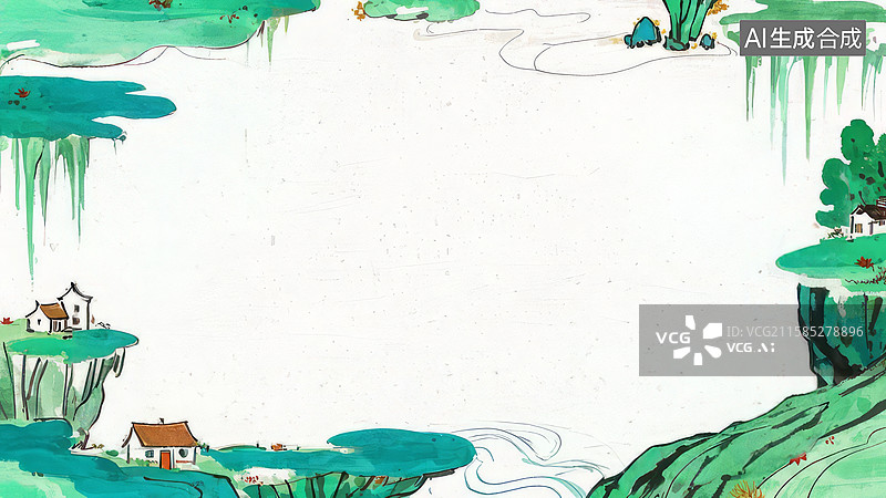 【AI数字艺术】水墨画环绕-背景壁纸-1.山水环绕的乡村小屋图片素材