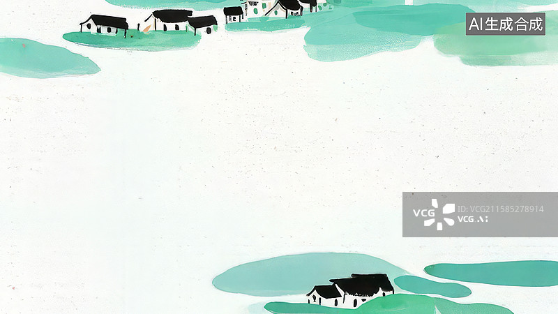 【AI数字艺术】水墨画环绕-背景壁纸-1.雪地中的小屋与绿色斑块图片素材
