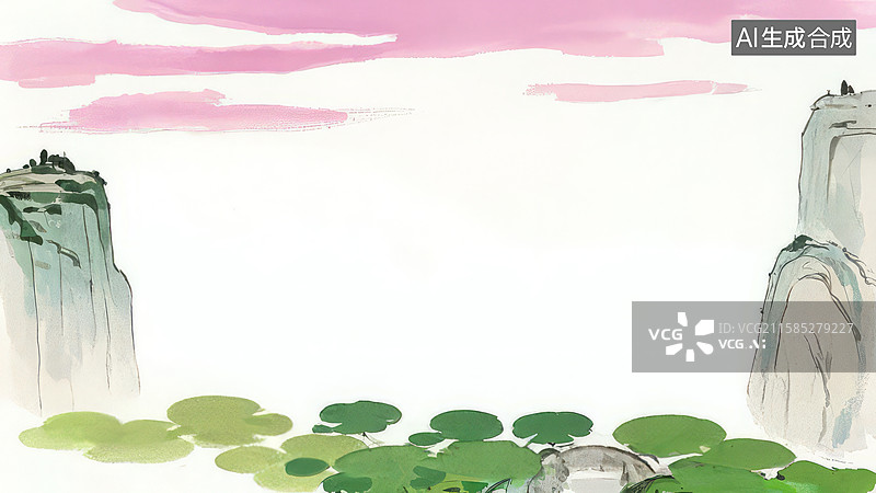 【AI数字艺术】水墨画环绕-背景壁纸-1.荷塘月色，山石环绕图片素材