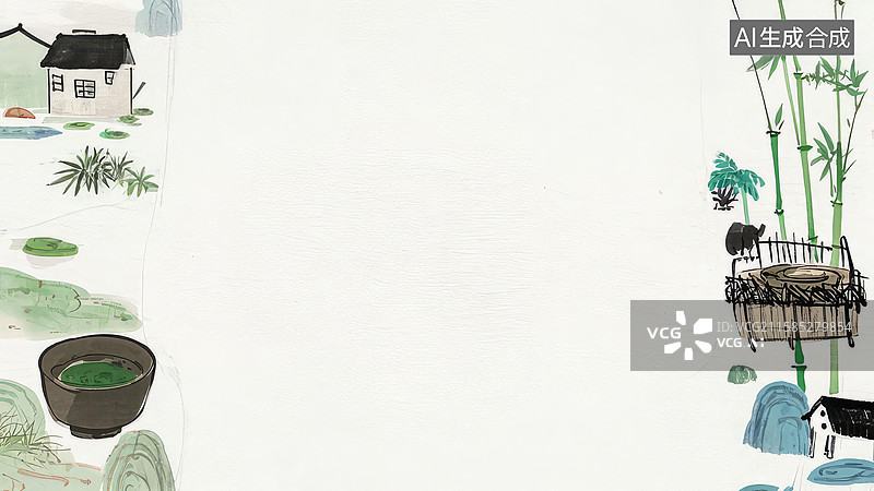 【AI数字艺术】水墨画两侧-背景壁纸1竹林茶香，乡村静谧图片素材