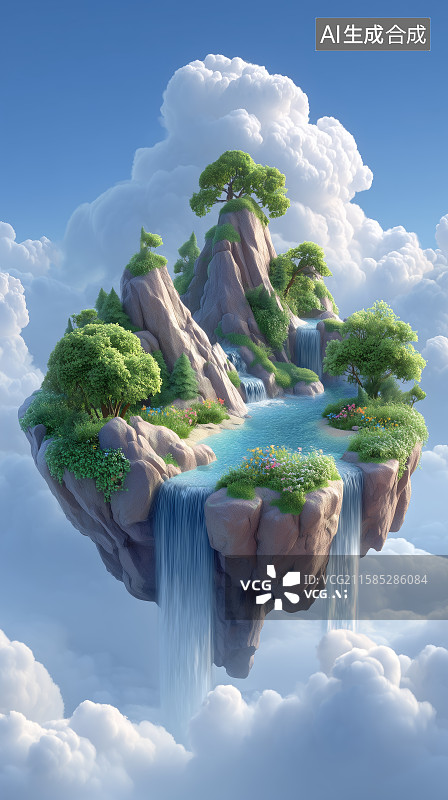 【AI数字艺术】云端瀑布岛屿图片素材