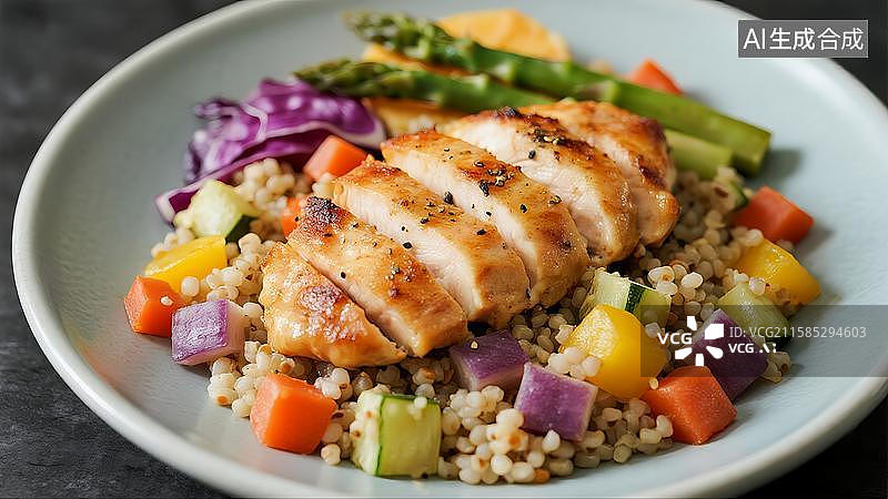 【AI数字艺术】中式营养膳食香煎鸡胸肉沙拉图片素材