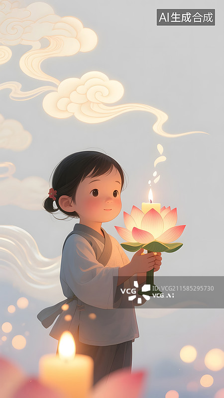 【AI数字艺术】3D中元节可爱的小女孩手拿一个荷花灯图片素材