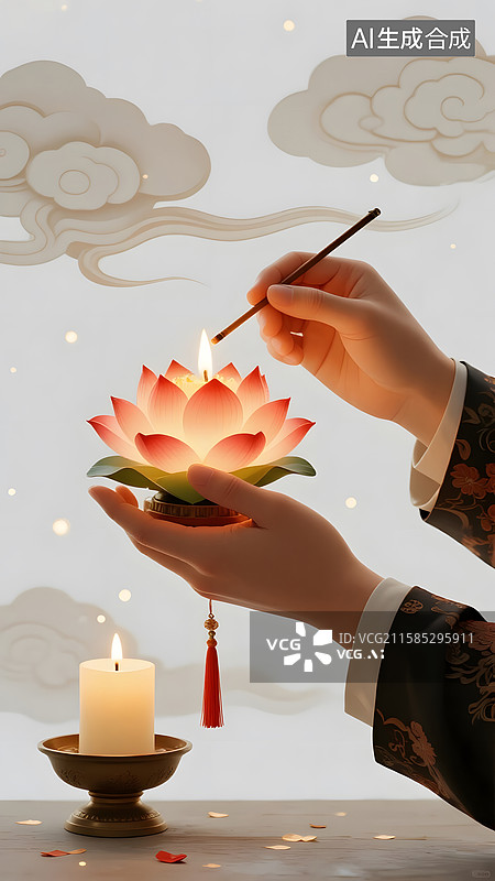 【AI数字艺术】3D中元节手在点燃荷花灯插画图片素材