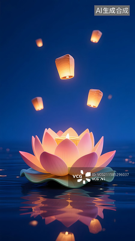 【AI数字艺术】三维图形夜晚河面上的河灯和天空中的孔明灯图片素材