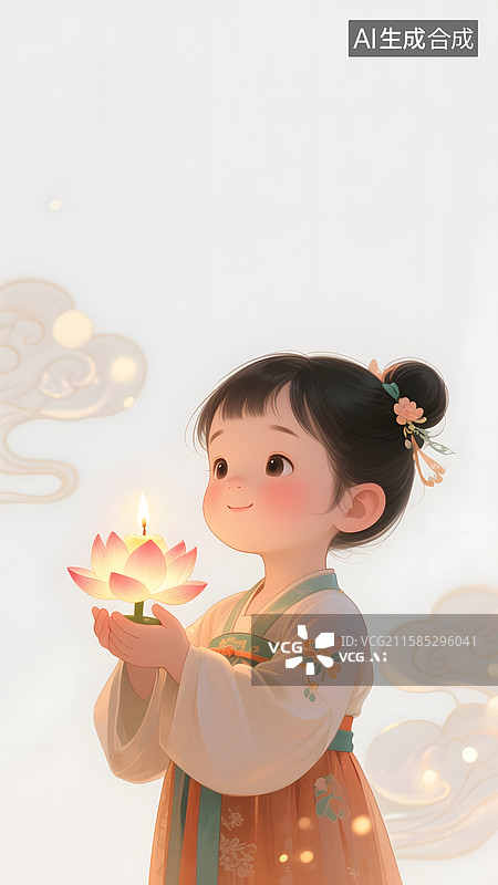 【AI数字艺术】中元节可爱的小女孩手拿一个荷花灯插画图片素材