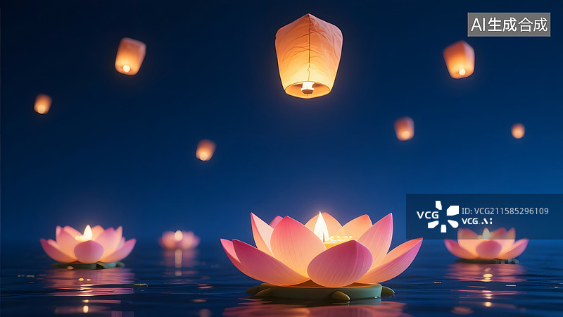 【AI数字艺术】三维图形夜晚河面上的河灯和天空中的孔明灯图片素材