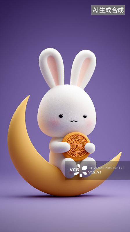 【AI数字艺术】玉兔抱饼坐月牙图片素材