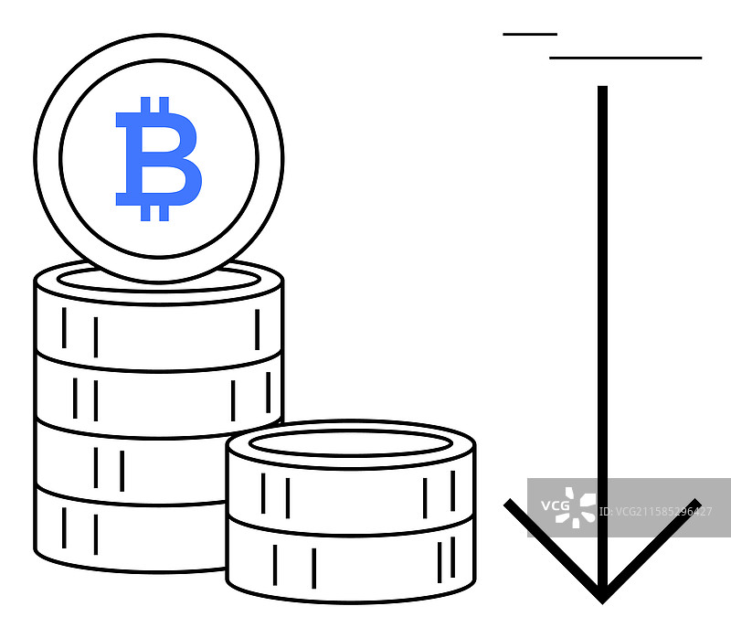 比特币价值下降的堆叠硬币表示图片素材