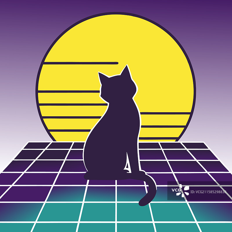 复古风格的猫剪影在城市屋顶上图片素材