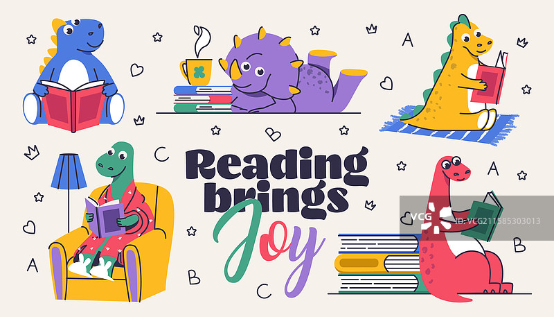 可爱的卡通恐龙角色在阅读童话故事图片素材