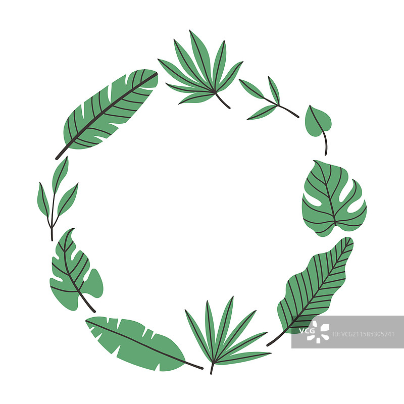 简单的热带叶子圆形框架，明亮的色彩图片素材