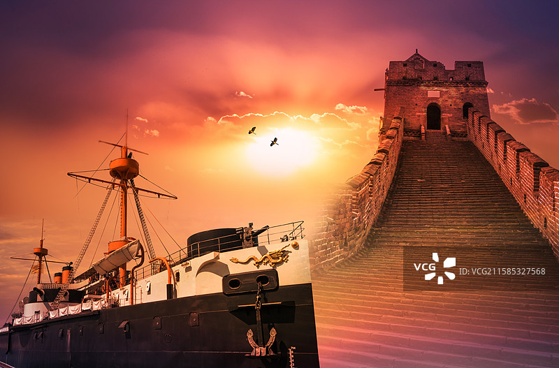 长城烽火台与甲午战争致远舰纪念抗日战争胜利八十周年图片素材