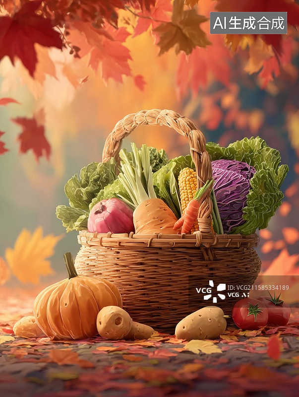 【AI数字艺术】秋收插画一筐蔬菜图片素材