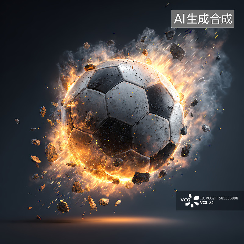 【AI数字艺术】燃烧的足球在黑暗背景下爆炸图片素材