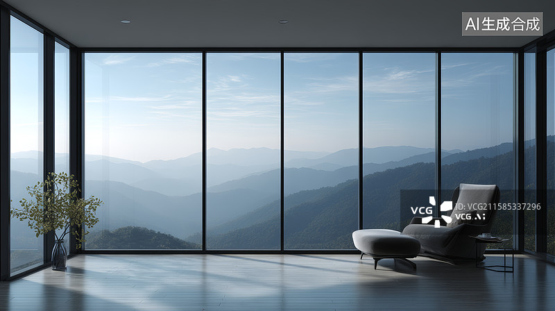 【AI数字艺术】现代极简客厅与山脉景观窗景图片素材