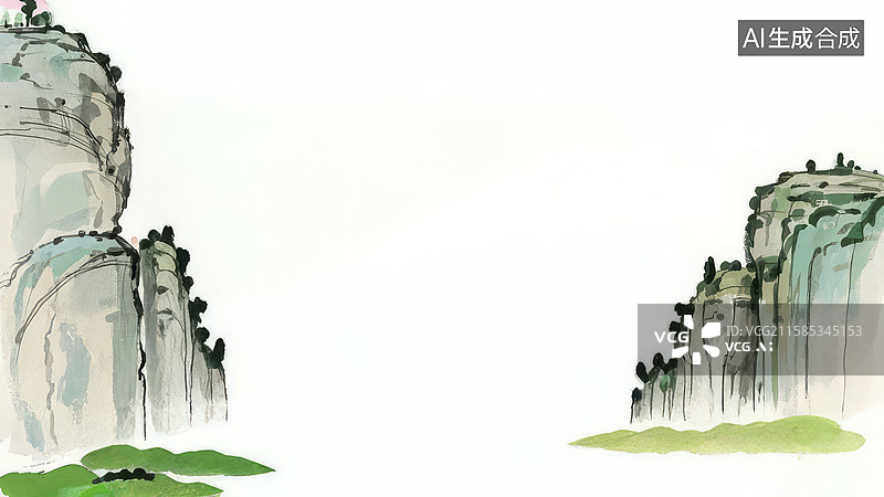 【AI数字艺术】水墨画两侧-背景壁纸1水墨风格的山峰与绿地图片素材