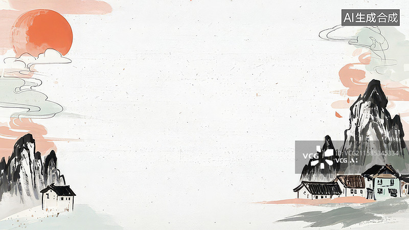 【AI数字艺术】水墨画两侧-背景壁纸1水墨山水画，日出村落图图片素材
