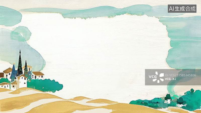 【AI数字艺术】水墨画最大-背景壁纸1水彩风景画：教堂与山丘图片素材