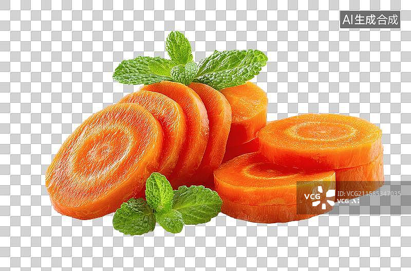 【AI数字艺术】新鲜切片胡萝卜配薄荷叶图片素材