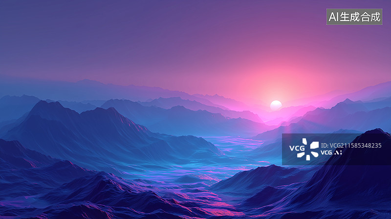 【AI数字艺术】电蓝紫流形山脉与日出科幻景观图片素材