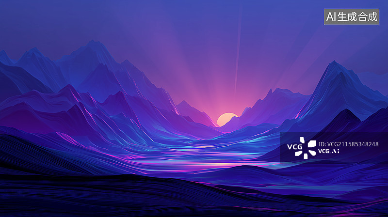 【AI数字艺术】电蓝紫流形山脉与日出科幻景观图片素材