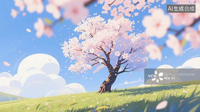 【AI数字艺术】春天樱花树插画图片素材