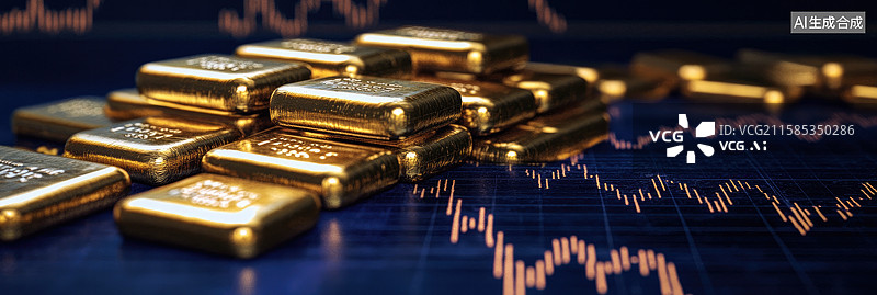 【AI数字艺术】黄金市场动态金条和股市图表的抽象商业背景深蓝色背景金融科技促销中的现货价格上涨图片素材