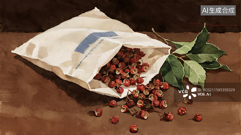 【AI数字艺术】创意3D水彩插画花椒袋散落香料抽象商业背景烹饪设计书封面、美食海报和美食餐厅菜单和香料主题图片素材