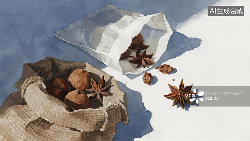 【AI数字艺术】3D插画粗麻布袋中的传统八角茴香创意水彩风格烹饪艺术、书籍封面和草药医学海报图片素材