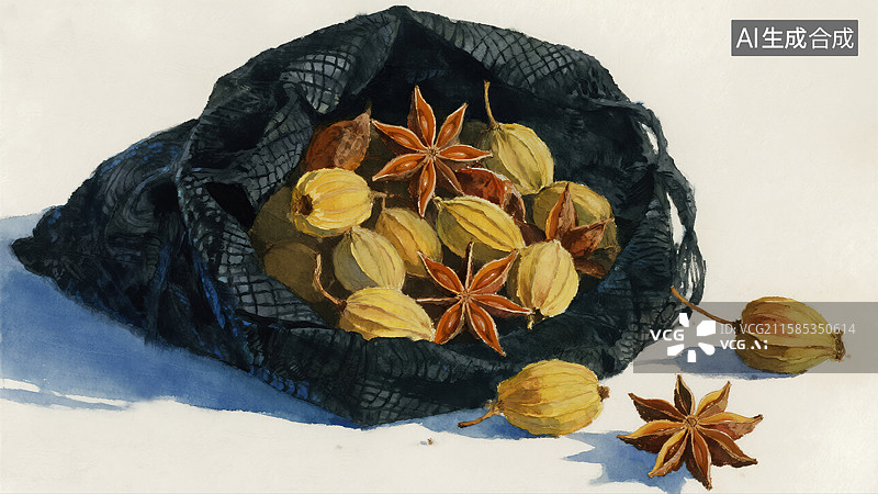 【AI数字艺术】3D插画粗麻布袋中的传统八角茴香创意水彩风格烹饪艺术、书籍封面和草药医学海报图片素材