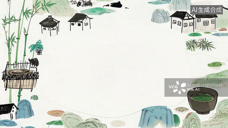 【AI数字艺术】水墨画最大-背景壁纸1乡村田园风光水墨画图片素材