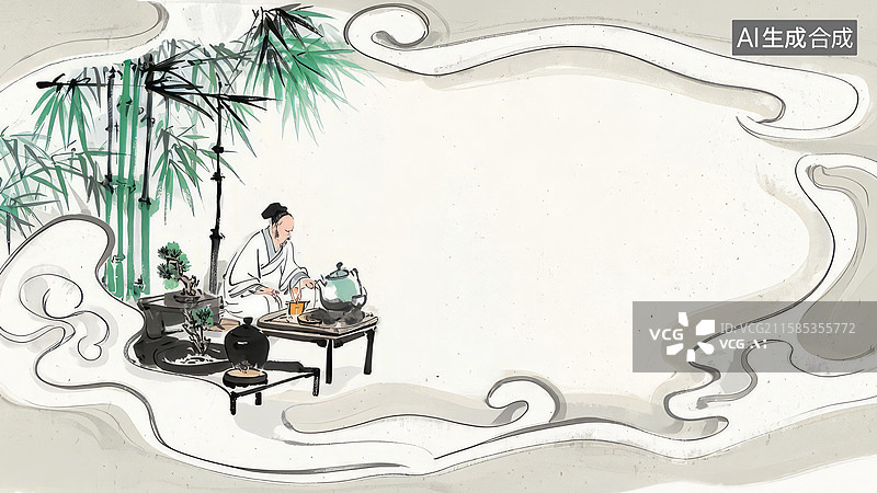 【AI数字艺术】水墨画最大-背景壁纸1竹林旁的茶艺场景图片素材