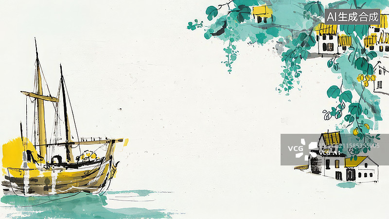 【AI数字艺术】水墨画最大-背景壁纸1帆船与海滨村落的宁静景象图片素材