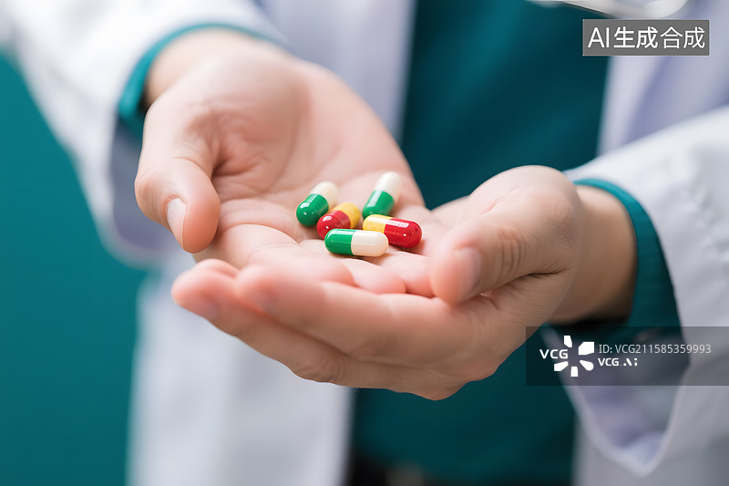 【AI数字艺术】医生手里拿着药丸特写图片素材