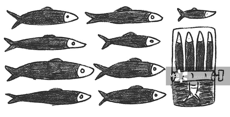 沙丁鱼炭笔涂鸦套装罐装鱼手绘图片素材