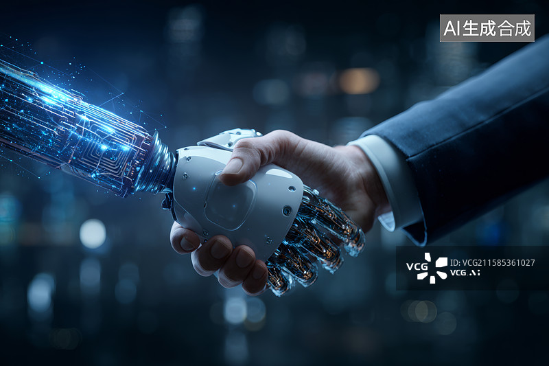 【AI数字艺术】商务人士与类人机器人握手图片素材