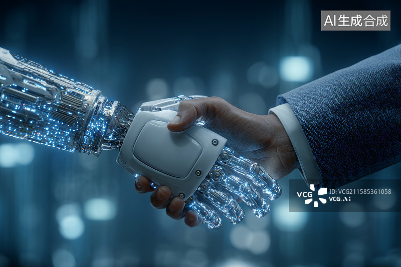 【AI数字艺术】商务人士与类人机器人握手图片素材