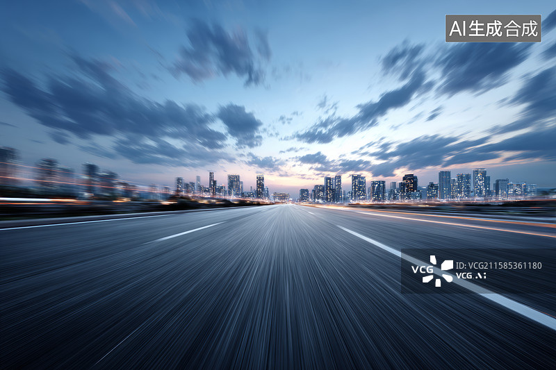 【AI数字艺术】黄昏城市道路与动态模糊建筑景观图片素材
