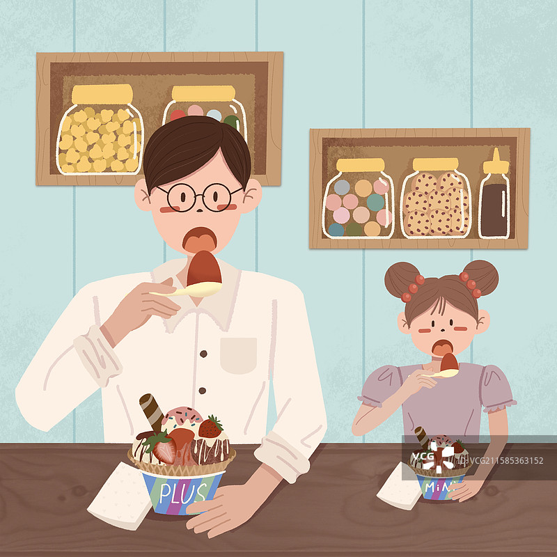爸爸和女儿一起吃冰淇淋甜品扁平风插画图片素材