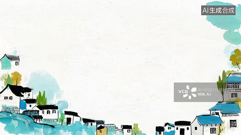 【AI数字艺术】水墨画最大-背景壁纸1水彩风格的乡村建筑群图片素材