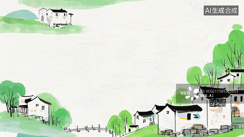【AI数字艺术】水墨画最大-背景壁纸1乡村小屋与绿树环绕的宁静景色图片素材