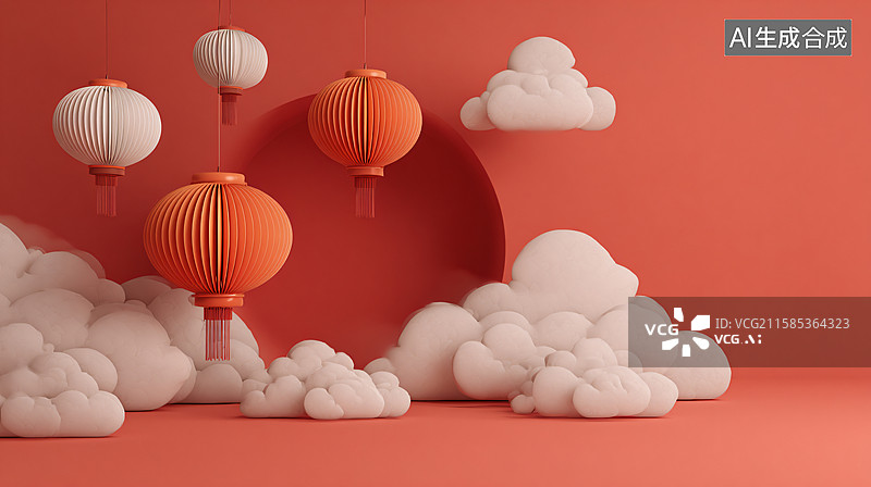 【AI数字艺术】红底灯笼云纹节日图图片素材