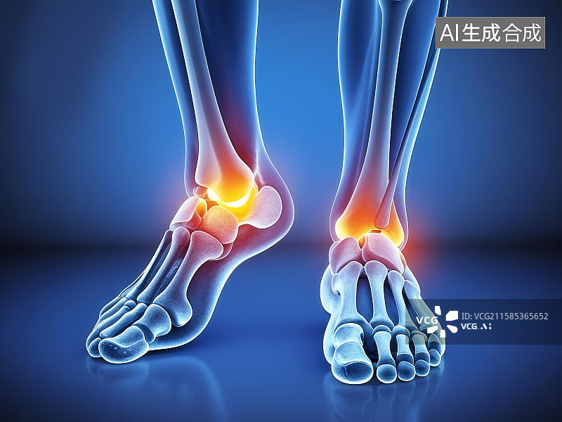 【AI数字艺术】人体脚踝骨关节疼痛 ，CT拍摄穿透风格，3D关节模型，医学拍片风格图片素材