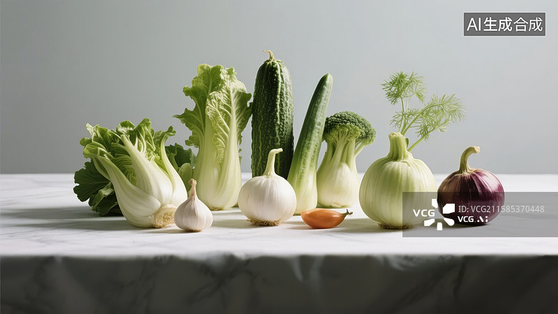 【AI数字艺术】新鲜蔬菜整齐排列在大理石台面上图片素材