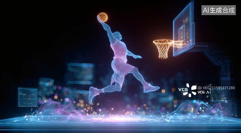【AI数字艺术】一个运动员正在扣篮光影成像图片素材