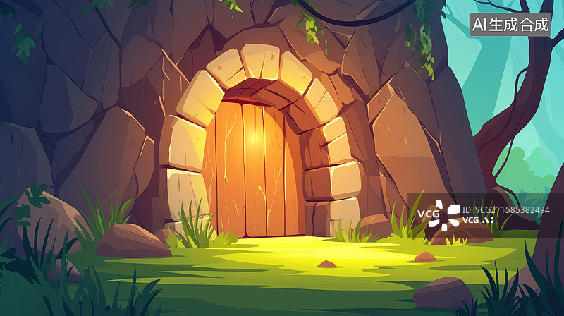 【AI数字艺术】卡通森林冒险探险山洞插画图片素材